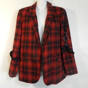 Mags & Pye red & black plaid, lined structured blazer, harness sleeve ac…